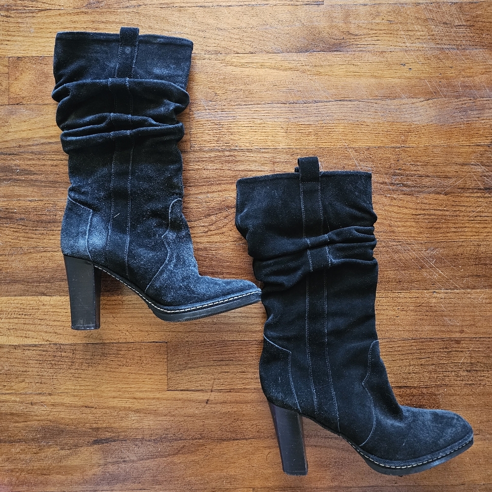 Via Spiga ITALY Classy‎ Black Suede Thick Leather Inside Heels Boots Size 5-6